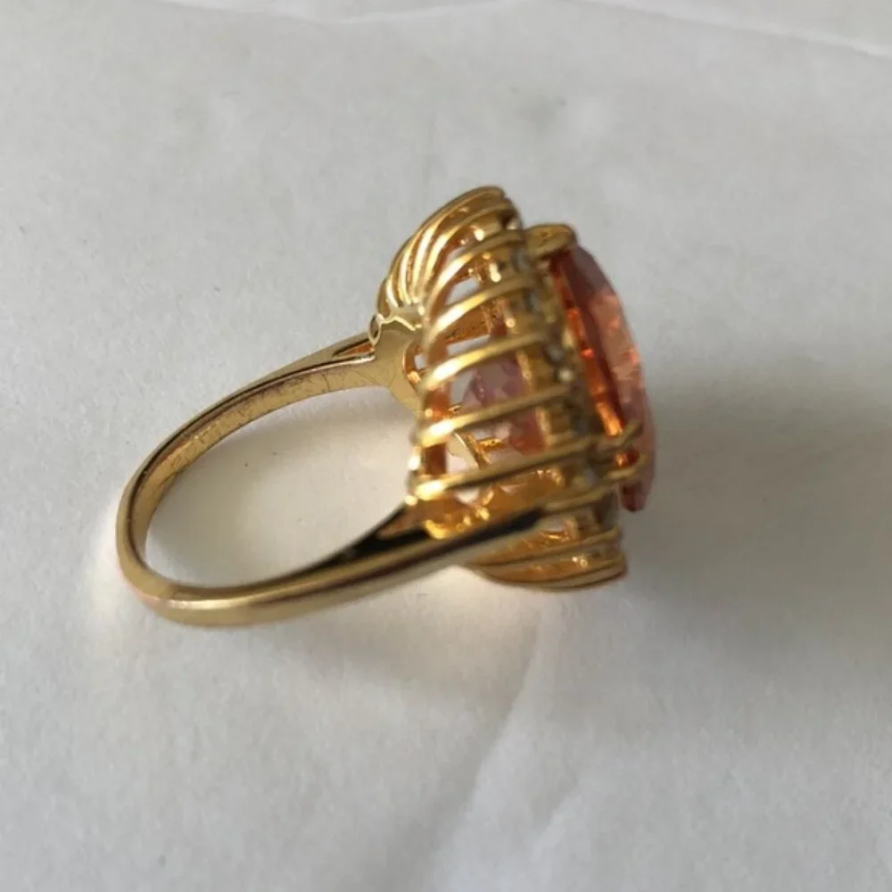 Cocktail Ring Gold Plated w Round Champagne Stone & Surround CZ Stones Sz.7.25
